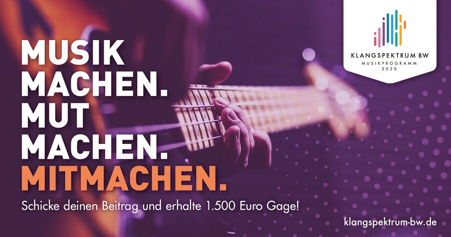 Titelbild Klangspektrum: Eine Gitarre, auf der steht: Musik machen. Mut machen. Mitmachen