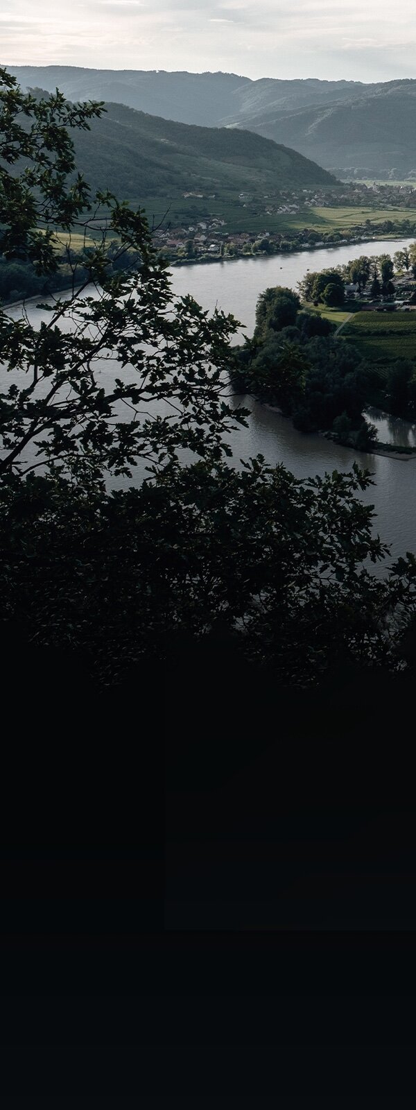 Die Donau schlängelt sich durch ein grünes Tal. Kleinstädte sind entlang des Flusses zu sehen.