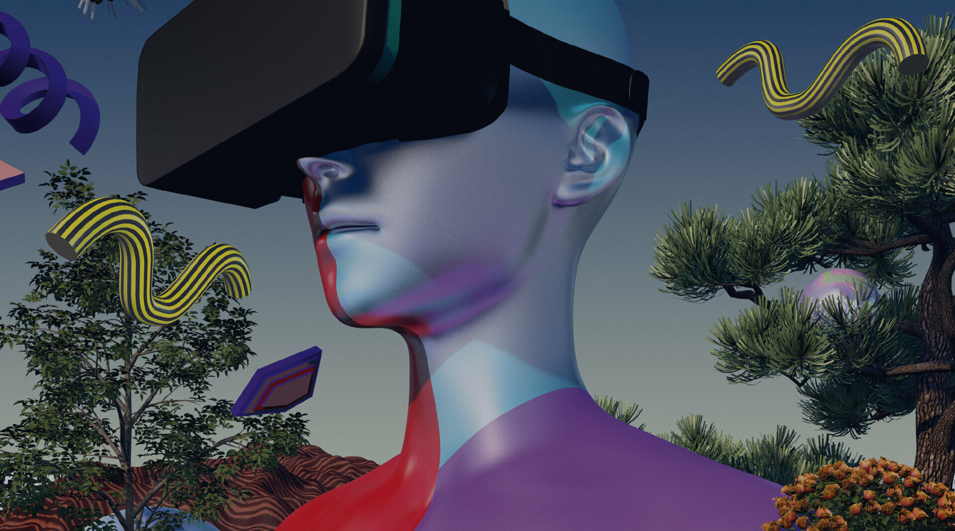 Man sieht das futuristische Titelbild des Verändernmagazins: Eine Person hat eine VR-Brille aufgesetzt